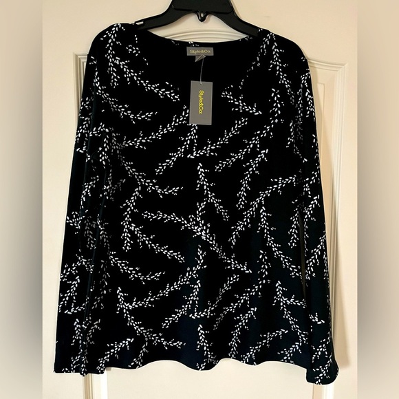 Style & Co. Black with White Patterned Long Sleeve Blouse Women’s Size Small - Picture 1 of 13